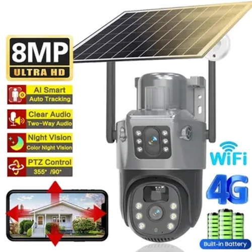 PIR Solar Camera 4G Sim Udendørs Dual Lens WiFi 8MP 4K IP Camara Solar Panel CCTV V380 Pro Sikkerhedsbeskyttelse Indbygget batteri