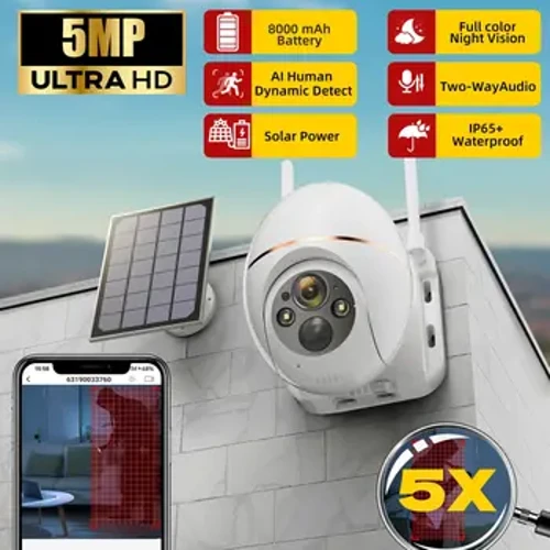 5MP PTZ Solar Power Camera WiFi IP Outdoor IP66 8000mAh Low Comsunption Panel Built-In Battery Surveillance PIR Deteksi Manungsa