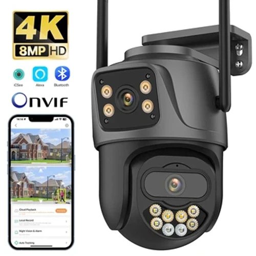 Externá Wifi PTZ kamera Dual Lens 4K 8MP HD Vonkajšia IP kamera 4MP Automatické sledovanie Zabezpečenie Ochrana CCTV dohľad iCsee P2P