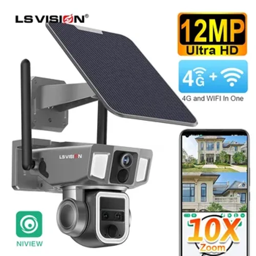 LS VISION 12MP 6K 10X Zoom Dualbildschirm Solarkamera Außen 4G/WLAN 2 in 1 Dreiobjektiv Dual PIR Erkennung Auto Tracking CCTV Kamera