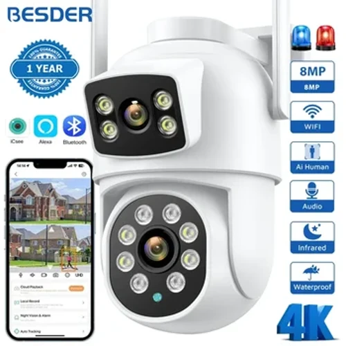 Camera Wifi BESDER 4K 8MP PTZ Màn hình kép ngoài trời Phát hiện con người Ống kính kép 4MP Bảo vệ an ninh Camera IP Âm thanh Ứng dụng iCSee