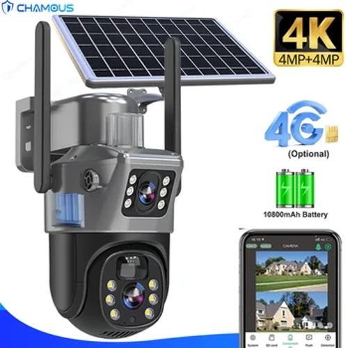 4K 8MP 4G Sim Card Solar Battery Camera Outdoor Wireless WiFi IP Cam Dual Lens Dual Screen Security Protection Surveillance CCTV