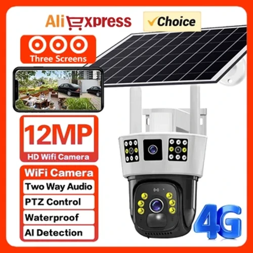 12MP Solar Camera 4G Sim Card Panlabas na WiFi IP Wireless PIR Human Detection Waterproof HD Color Night Vision Surveillance Cameras