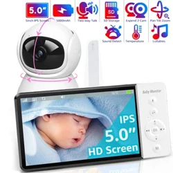 Moniteur vidéo pour bébé avec caméra panoramique, inclinaison et zoom, écran IPS de 5 pouces, avec batterie de 30 heures, conversation bidirectionnelle, Vision nocturne, température, berceuses, carte SD