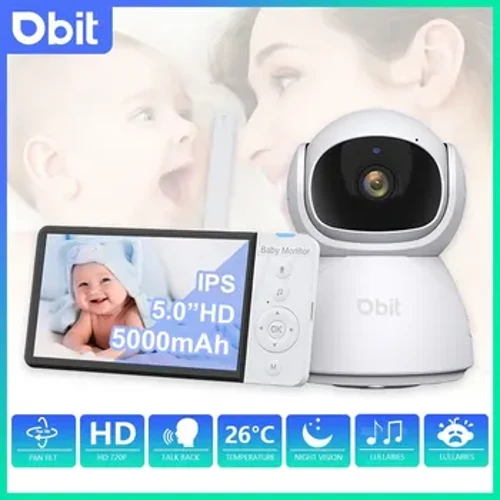 DBIT Baby Monitor Security Potection Cameră pentru copii Ecran IPS de 5 inchi 5000mAh Baterie Viziune nocturnă Audio video în 2 căi Cameră pentru copii