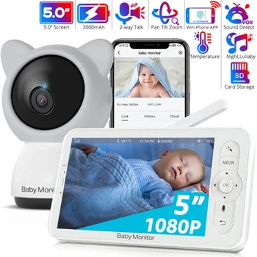 Moniteur bébé HD WiFi avec application, écran 5 pouces 720P, caméra bébé 1080P avec zoom panoramique et inclinaison, vision nocturne, conversation bidirectionnelle, batterie 3000 mAh, 1000 pieds
