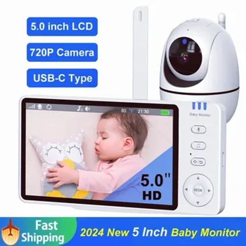 5.0 'īniha 2.4G uʻi ʻole wikiō Baby Monitor 3500mAh Battery IPS Screen Me Nanny PTZ Camera 2-way Audio VOX Lullaby Up USB Charge