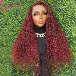 Red Curly Glueless 13x6 Spëtzefront Perücke Preplucked héich Hëtzt Synthetesch Faser Perücke Voll Dicht gewellt Transparent Spëtz Hoer Perücke