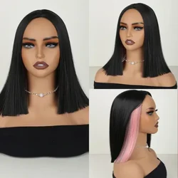 Maiikling Wig Para sa Babae Natural Synthetic Wig Black Mixed Pink Daily Cosplay Gumamit ng Heat Resistant 180 Density Transparent Lace Wig