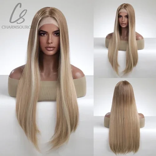 Parrucca sintetica CharmSource Marrone Ombre Biondo Parrucche lunghe diritte naturali per le donne Festa dei capelli Quotidiana Alta qualità Alta densità