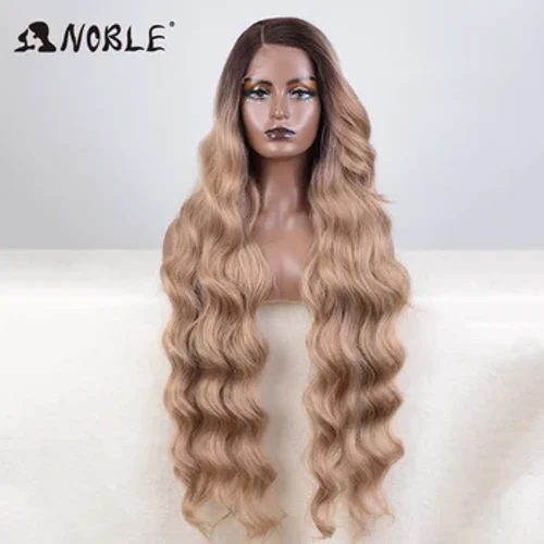 Noble Synthetic Spets Front Peruk Lång Vågig 36 " Kroppsvågig sidodel Spetsperuk För Kvinnor Spets Front Peruk Ombre Blond Cosplay Peruk