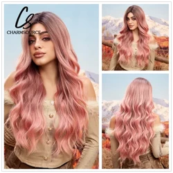 CharmSource Haaransatz-Spitzenperücken, Ombre-Pink, synthetische lange gewellte lockige Perücken mit dunklem Ansatz für Frauen, Cosplay, hochdichte Haarperücke