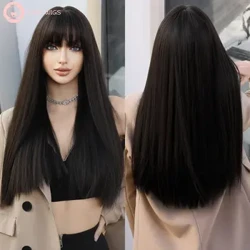 Wigiau Gwallt Synthetig Du Naturiol gyda Bangs Brown Tywyll Hir Syth i Ferched Wig Synthetig Gwrthiannol Gwres Dim Lace Wigiau 24 Modfedd