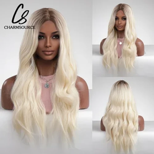CharmSource Synthetesch Spëtzele Front Perücken Lang gewellte Perücken Blonden Perücken fir Schwaarz Fraen Cosplay Party Héich Dicht resistent Hoer