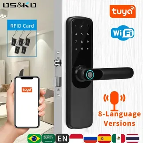 Tuya Wifi Електронно интелигентно заключване на врати с биометричен пръстов отпечатък / Смарт карта / Парола / Отключване с ключ / USB аварийно зареждане
