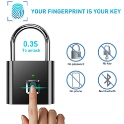 Černá stříbrná USB dobíjecí dvířka Smart Lock Visací zámek otisků prstů Rychlé odemykání Kov ze slitiny zinku Bezpečnostní zámek s vysokou identifikací