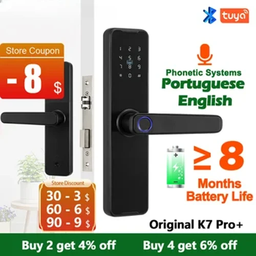 Fechadura biométrica de impressão digital K7 Pro + Black Smart Lock Tuya App Desbloqueio remoto Fechadura eletrônica sem chave