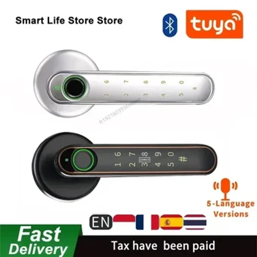 Serrure à empreinte digitale avec écran tactile, pour porte de chambre intelligente, application Tuya, levier numérique, bouton de porte d'entrée sans clé, avec clavier vocal