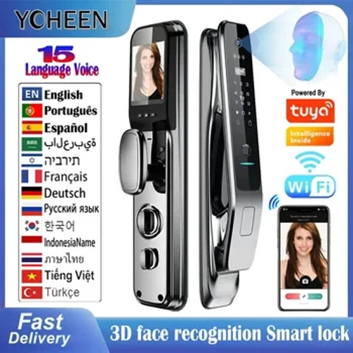 Tuya APP Wifi Cydnabod Wyneb 3D Smart Drws Clo Camera Clo Digidol Olion Bysedd gyda Cherdyn Nfc Cod Allweddol ar gyfer Fflatiau Cartref