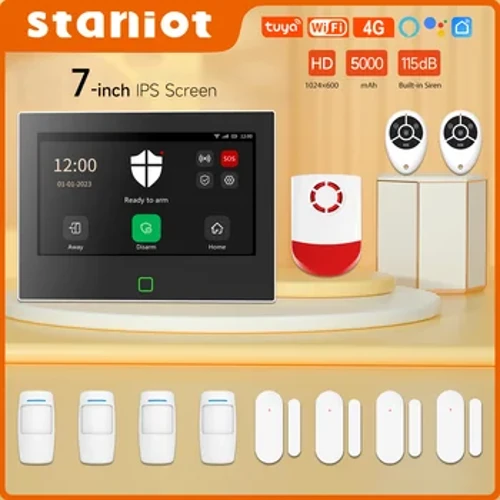 Staniot 7 inch Sistem Alarm Rumah Nirkabel WiFi 4G Tuya Smart Security Protection Kit Built-In 115dB Sirene Lebih Keras Baterai 5000mAh