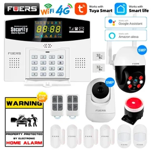 Fuers Tuya Smart WIFI 4G GSM Alarmsystem Innbruddsalarm 433MHZ Trådløs Kablet Zone Link til Alexa Google Motion Sensor IP-kamera
