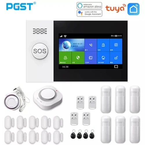 PGST PG107 System Larwm Tuya Sgrin 4.3 modfedd WIFI GSM Byrgler GPRS Diogelwch Cartref Gyda Synhwyrydd Cynnig PIR Synhwyrydd Mwg Tân