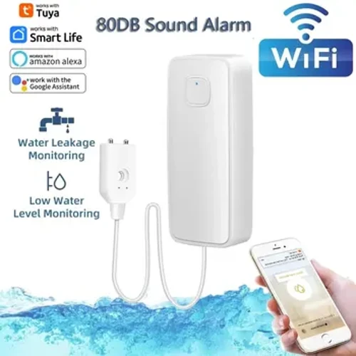 Inzwa ye-Tuya WiFi Smart Water Leak Level Detector 80dB Sound Alamu System Ukuvuza kwenzwa yokuvuza kweRemote Monitor