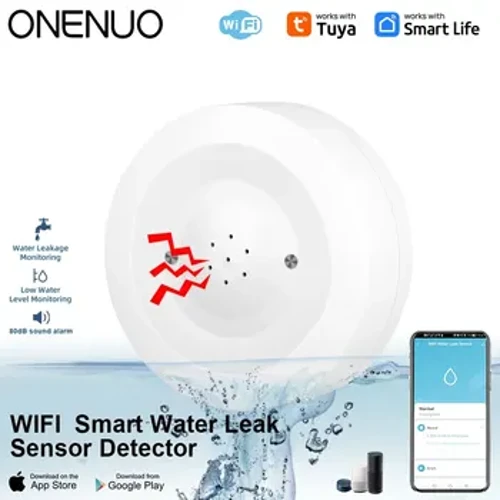 ONENUO WiFi Tuya Vandlækagesensor Oversvømmelseslækagedetektor med lydalarm 80dB og IP55 vandtæt vandsensor fjernmonitor