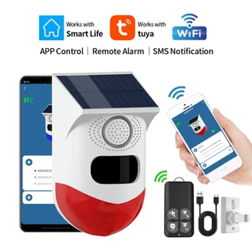 2in1 WiFi Tuya Smart Fernsteierung Outdoor Laden Sécherheet Sound Alarm Detektor Sensor Bauerenhaff Gaart Solar Infrarout Sirene Solar