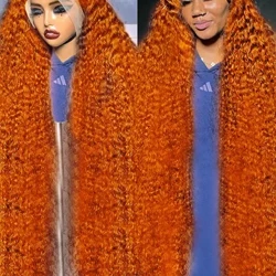 5x5 Glueless Orange Ginger Deep Wave Mënsch Hoer 30 34 Zoll 13x6 Transparent Waasser Curly Spëtzekleeder Front Perücke Fir Fraen