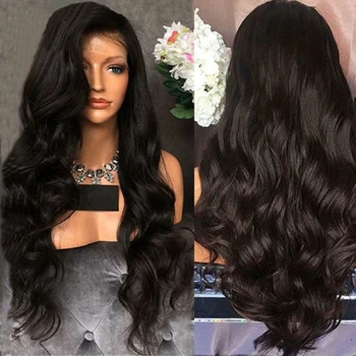 ʻO ka lauoho lauoho loloa ʻeleʻele maoli me ka ʻāpana waena Synthetic Heat Resistant Wave Deep Wave Frontal Wig Tudo Por 1 Peruka maoli.