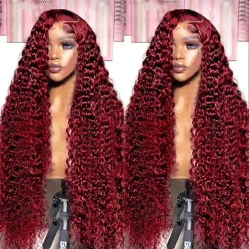 Xcurly Burgund 99J Deep Wave 13X6 HD Spëtzefront Mënsch Hoer Perücken Curly Rot Faarweg Frontal Perücke Fir Fraen 32 Zoll Pre-bleeched