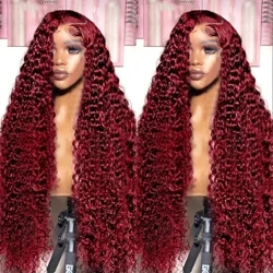 Xcurly Burgund 99J Deep Wave 13X6 HD Spëtzefront Mënsch Hoer Perücken Curly Rot Faarweg Frontal Perücke Fir Fraen 32 Zoll Pre-bleeched