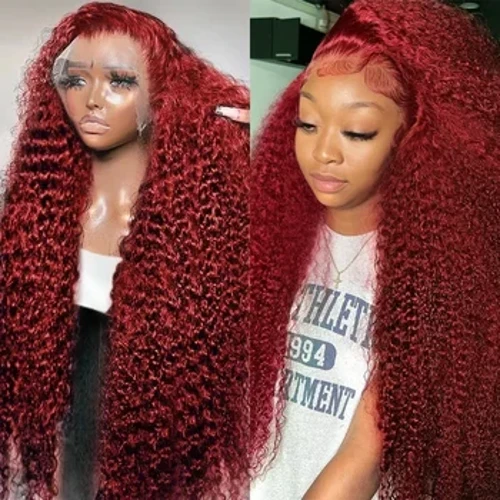 Parrucche per capelli umani a onda profonda di colore rosso trasparente riccio bordeaux a densità 150 99J Parrucca frontale in pizzo a onda profonda 13x4