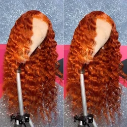 5x5 Glueless Orange Ginger Deep Wave Mënsch Hoer 30 32 Zoll Transparent Waasser Curly Spëtzekleeder Front Perücke Fir Fraen
