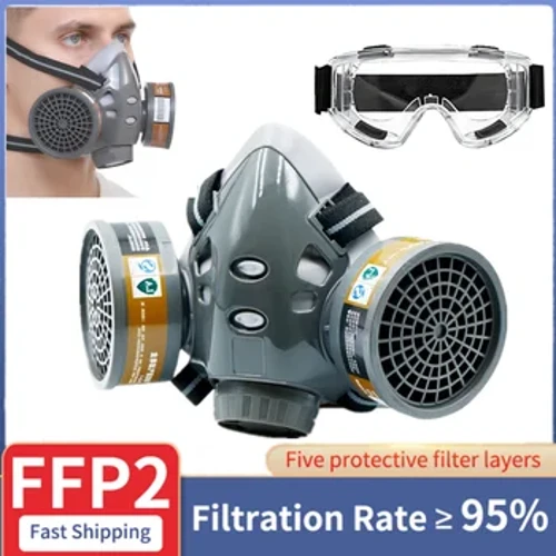Tranh Mặt nạ phòng độc Bộ lọc than kép Xịt hóa chất công nghiệp Thuốc trừ sâu Kính chống sương mù Mặt nạ bảo vệ