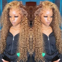 13x4 Highlight Peruk Människohår Lockigt Honung Blond Brunfärgad Spets Front Människohår Peruker För Kvinnor Deep Wave Spets Frontal Peruker