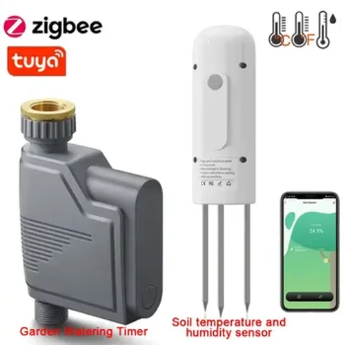 Tuya Zigbee viedā ūdens vārsta kontrollera smidzinātāja pilienveida apūdeņošanas sistēma un Tuya Zigbee augsnes mitruma un temperatūras sensors