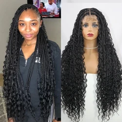 Boho Dikepang Renda Frontal Wig Gelombang Keriting Dewi Locs Renda Depan Dikepang Wig Pra-dipetik Dengan Rambut Bayi Kotak Sintetis Kepang Wig