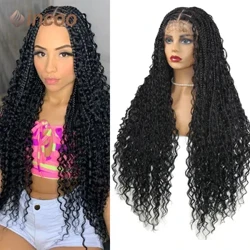 Caixa trança peruca com cabelo do bebê bordado boêmio trança peruca para mulher negra laço completo deusa sem nós locs com cabelo encaracolado 32"