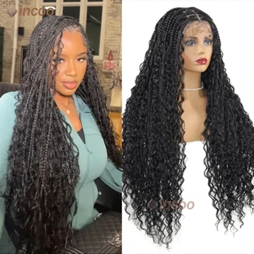 360 Full Lace Frontal Boho Dikepang Wig Gelombang Keriting Preplucked Dewi Locs Dikepang Wig dengan Rambut Bayi Kotak Sintetis Kepang Wig