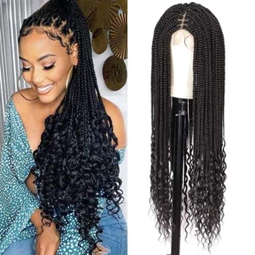 Kalyss 36" Parrucche intrecciate in doppio pizzo pieno con estremità ricce Boho Parrucca intrecciata senza nodi con cornrow box con capelli da bambino