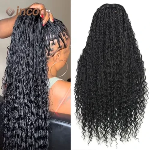 32 "Kotak Renda Penuh Wig Kepang dengan Rambut Bayi Bordir Bohemian Braid Wig untuk Wanita Hitam Tanpa Knotless Dewi Locs dengan Rambut Keriting