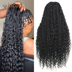 32 Zoll Voll Spëtzekëscht Braid Perücke Mat Baby Hoer Broderie Bohemian Braid Perücke Fir Schwaarz Fra Knotless Gëttin Locs Mat Curly Hoer