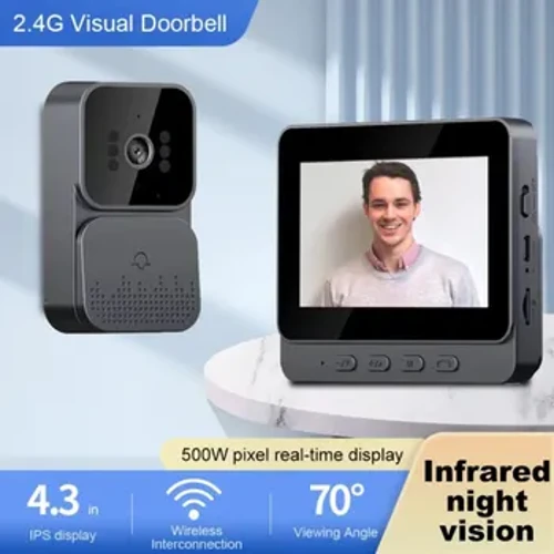 Camera Intercom Fideo Cloch y Drws Inteligente Drws Di-wifr Bell Gweledigaeth Nos Sgrin 4.3 modfedd ar gyfer Diogelwch Apartment Cartref Clyfar