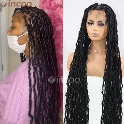 Lociau Glöynnod Byw 40 Fodfedd Llawn Lace Plethedig Wigiau Cyrliog Diwedd Sgwâr Rhan Clymog Plethedig Wig Braid Synthetig Ar gyfer Merched Du