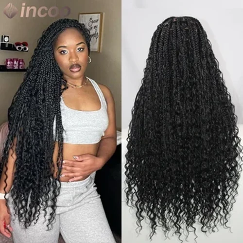 Boho Gefleckt 360 Voll Spëtze Frontal Perücke Wave Curly Gëttin Locs Spëtze Flecht Perück Preplucked Baby Hoer Synthetesch Box Braids Perücke