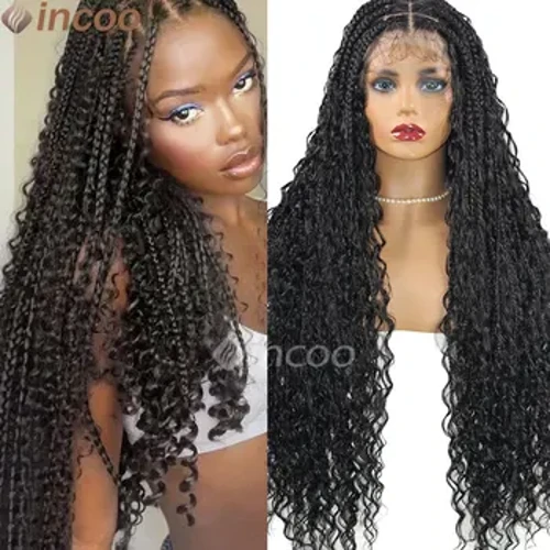 32 Zoll Broderie Voll Duebel Spëtze Front Square Knotless Boho Curly Braided Perücke Mat Baby Hoer 1B Hunneg Blond 613 Synthetesch Perücke