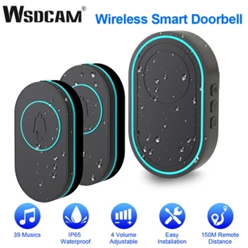 WSDCAM Trådlös dörrklocka IP65 Vattentät Dörrklocka 150M Långdistans 39 Musik Hem Dörrklocka Säkerhet LED-ljus Dörrklocka