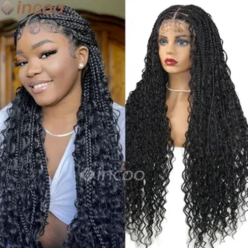 Gelombang Air Keriting Boho Kotak Kepang Wig 360 Penuh Dikepang Renda Depan Wig Kanthi Rambut Bayi Kanggo Wanita Ireng 613 Kotak Dikepang Wig